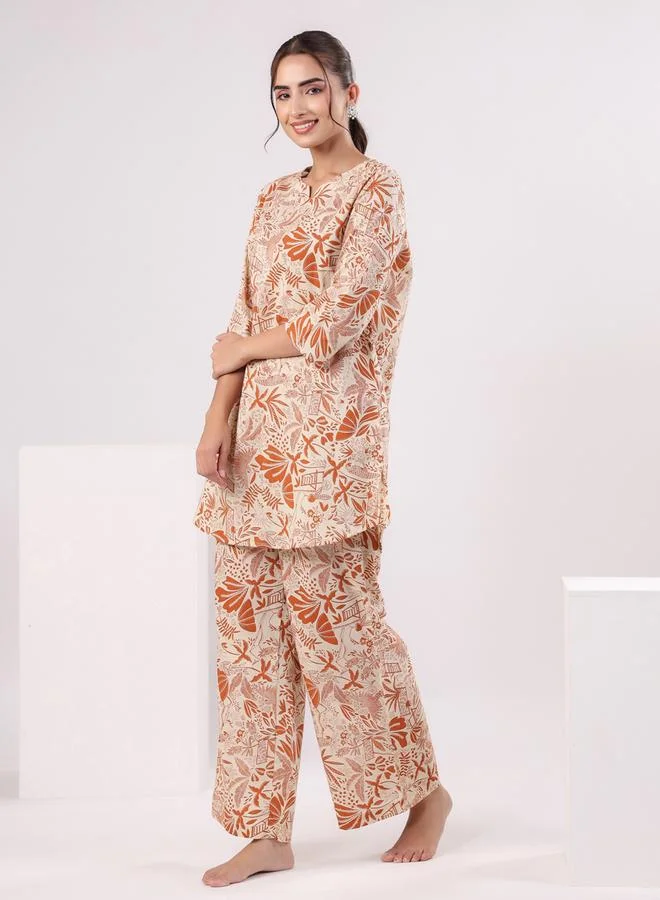 sanskrutihomes Women Ethnic Motifs Printed Cotton Tunic and Pyjama Set